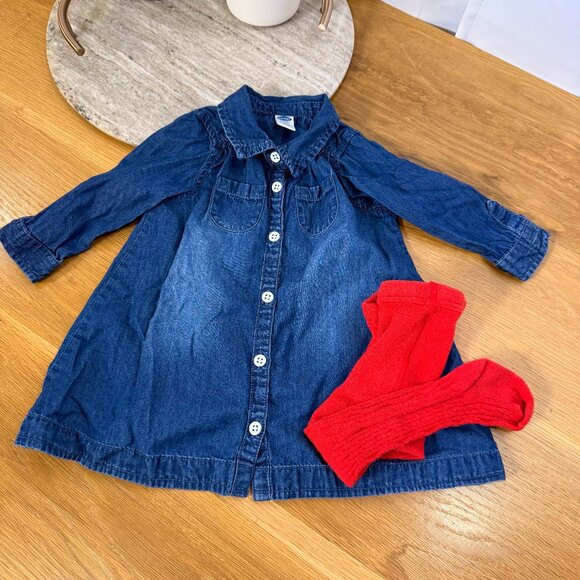 Old Navy 6-12m Girls Denim long sleeve Button Down Dress w/ pocket + Red tights - Picture 1 of 11